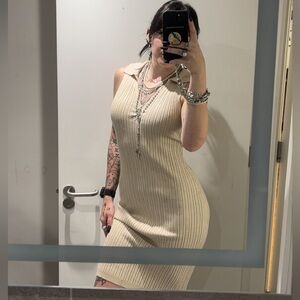 Pink Rose Ribbed Cream Midi Dress